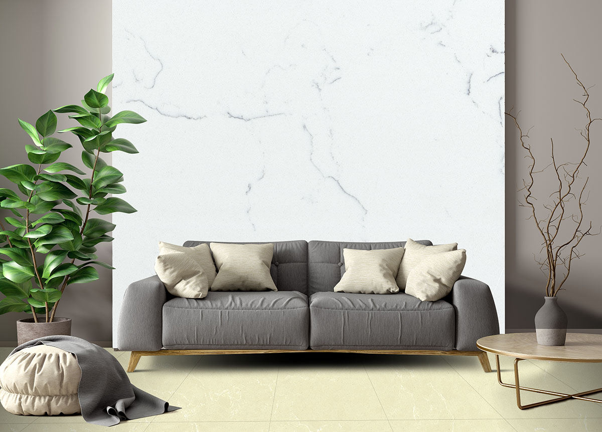 Modern interior of living room with gray sofa, coffee table and plant against marble wall 3d rendering